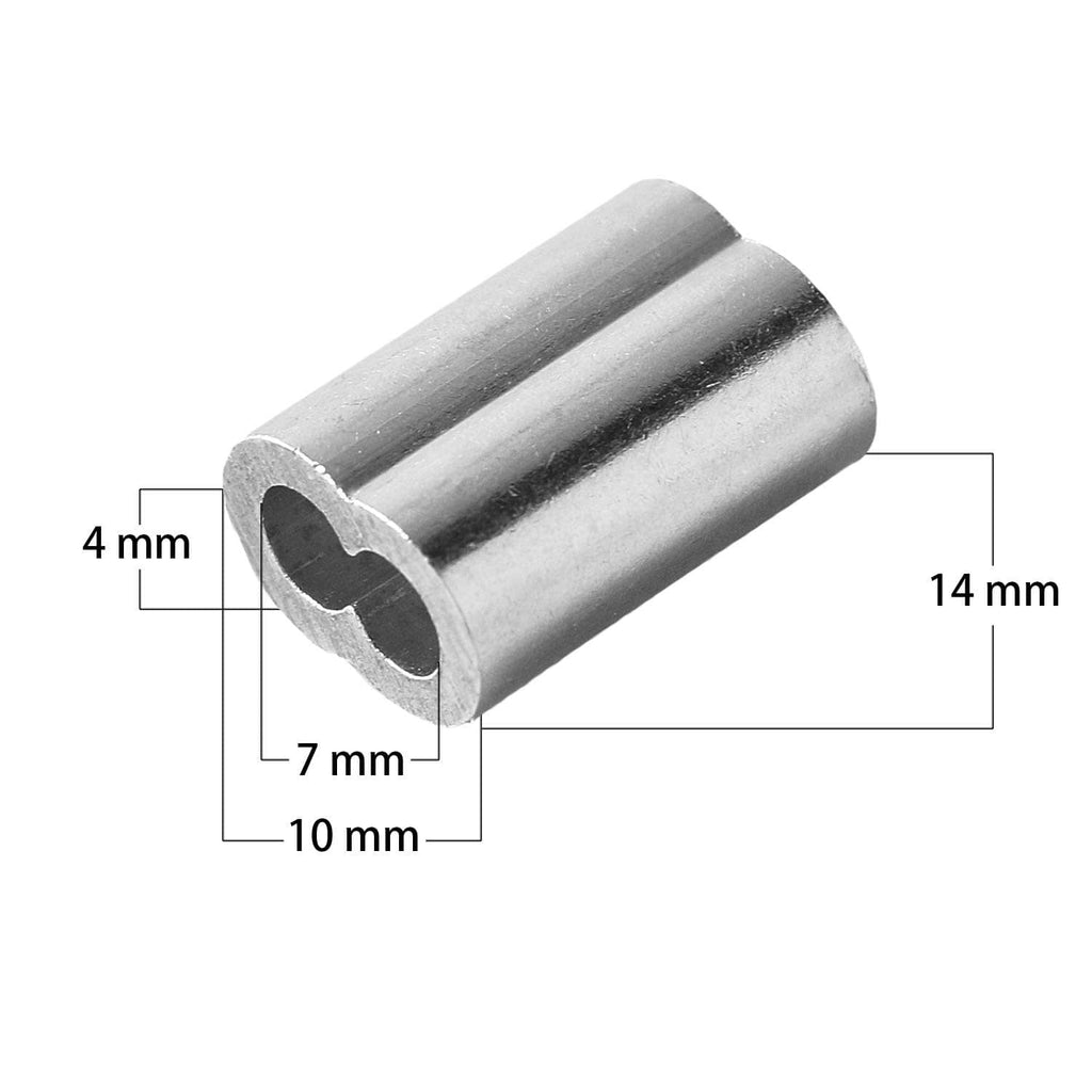 Aluminum crimping loop sleeve ferrule with oval hole, shown with size measurements