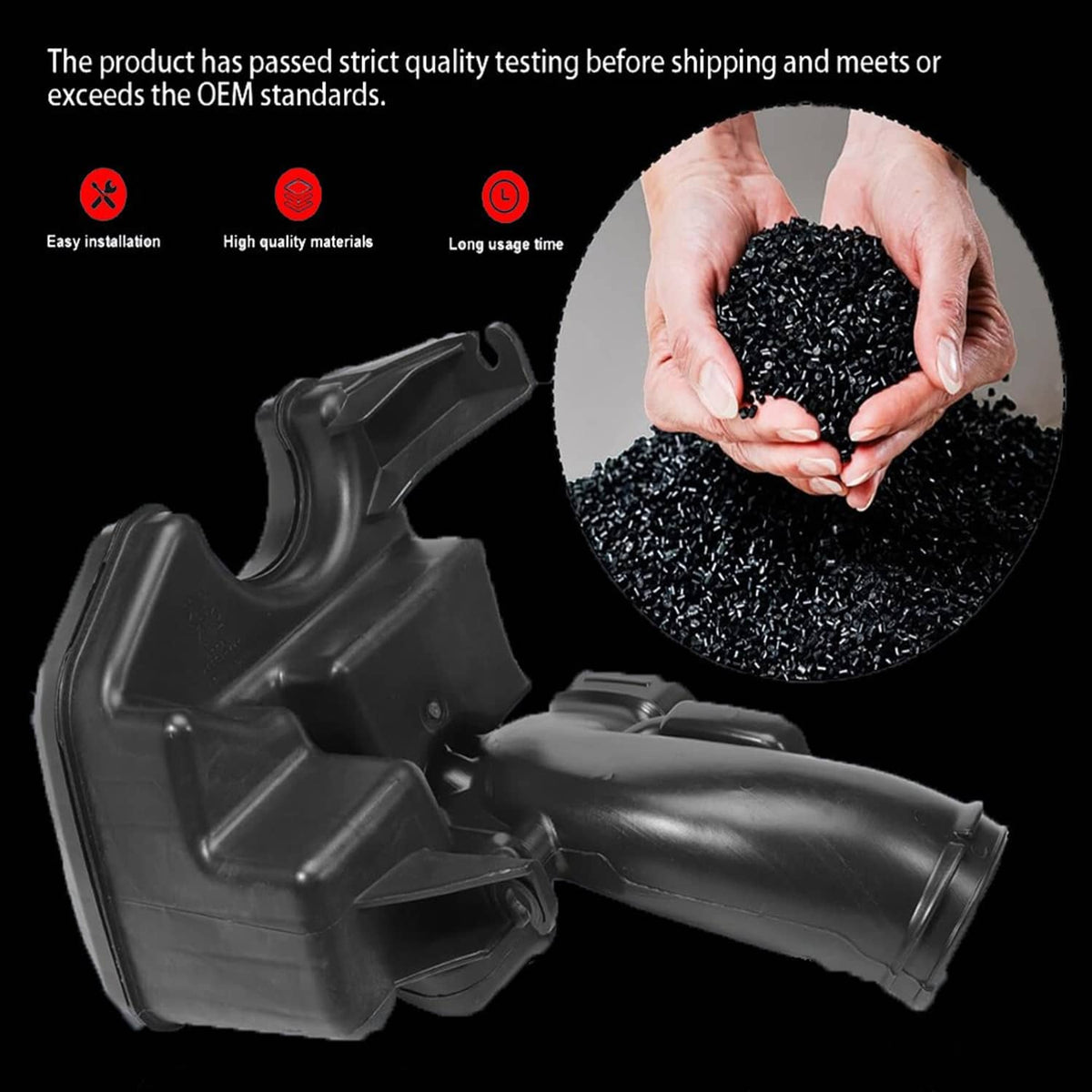 Black plastic air intake lower resonator with intake duct, shown for installation