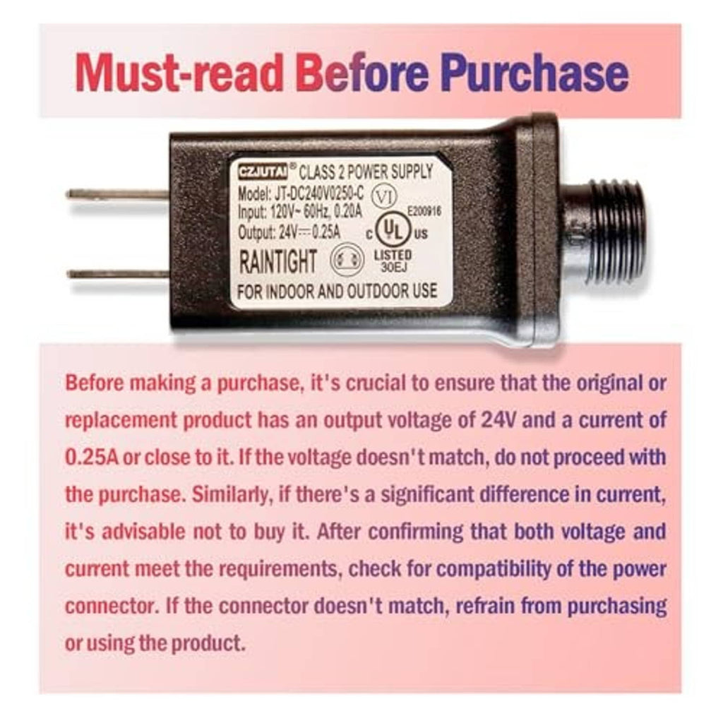 Black 24V LED power supply transformer, two-prong plug side and output label