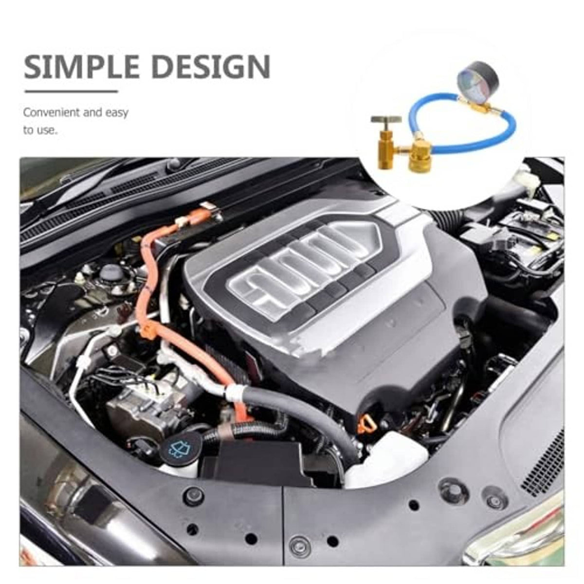 Engine bay view with blue A/C charging hose and pressure gauge attachment