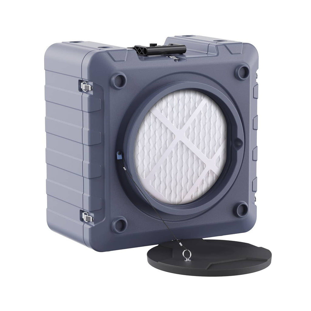Gray negative air HEPA scrubber with circular front HEPA filter and base