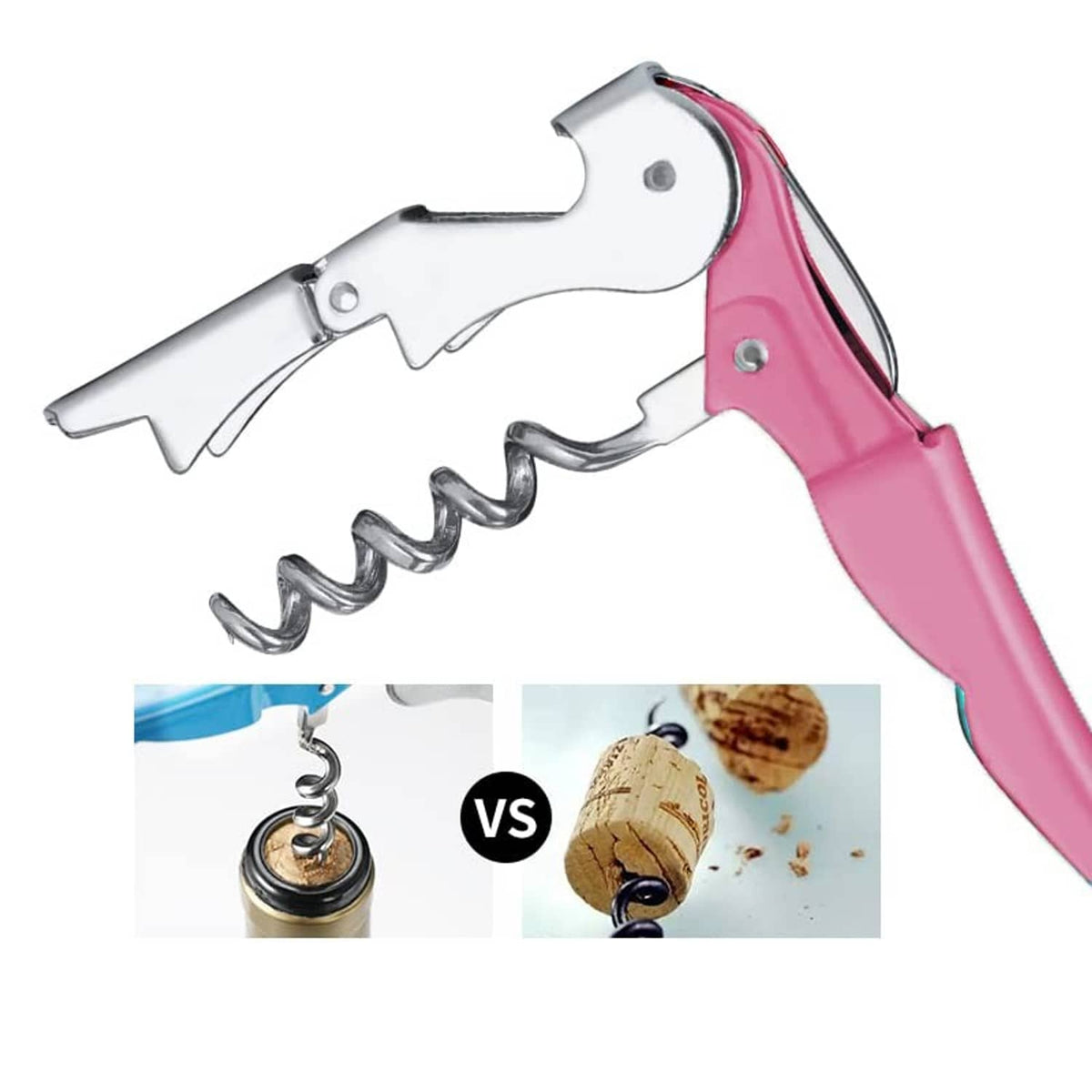 Pink-handled stainless steel waiter corkscrew wine opener
