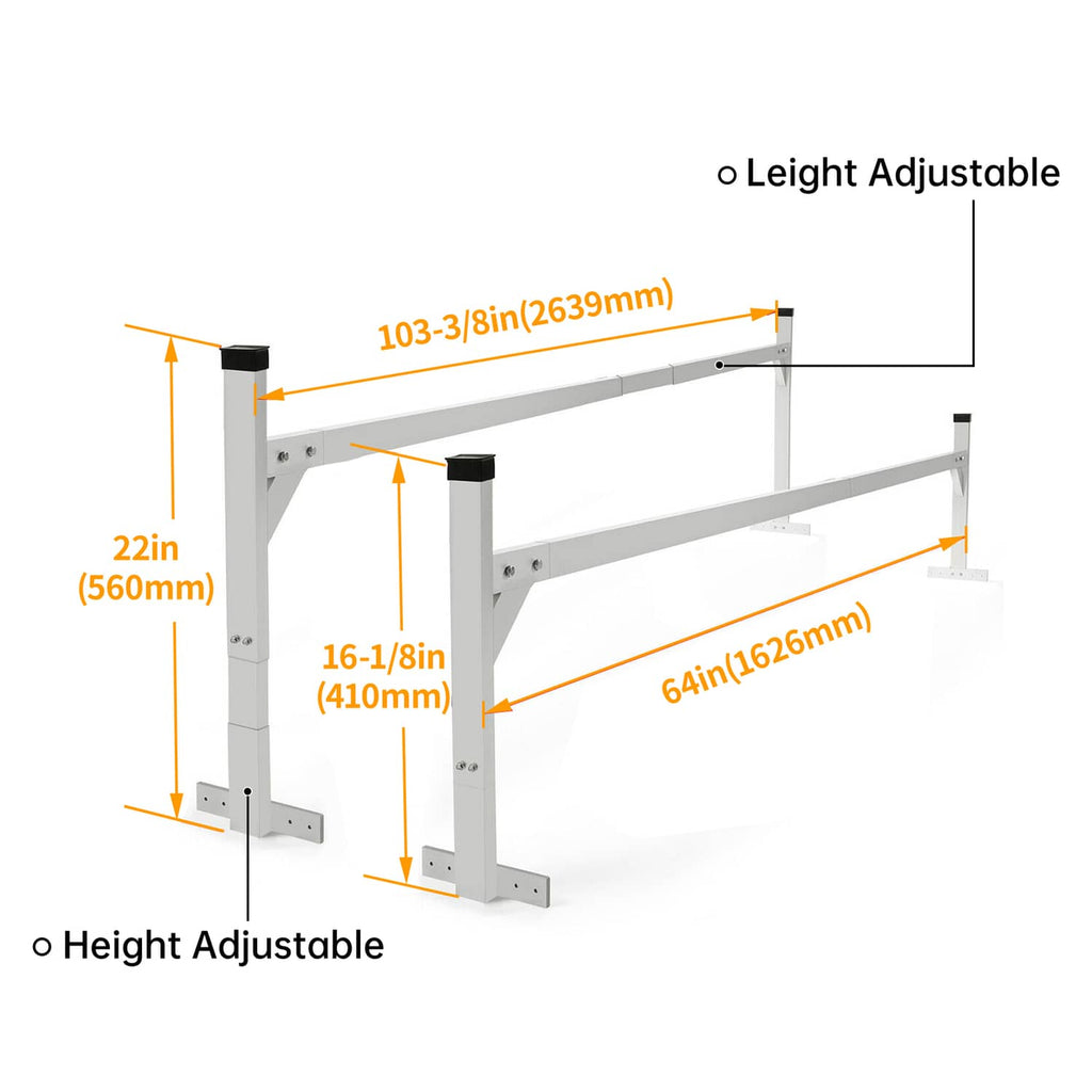 Roof mount ladder rack bracket with height-adjustable posts and labeled measurement points