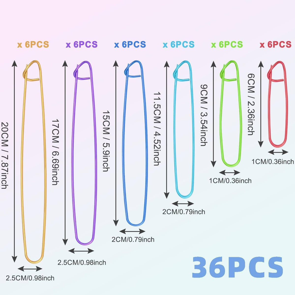 Colorful U-shaped knitting stitch markers set with size chart layout