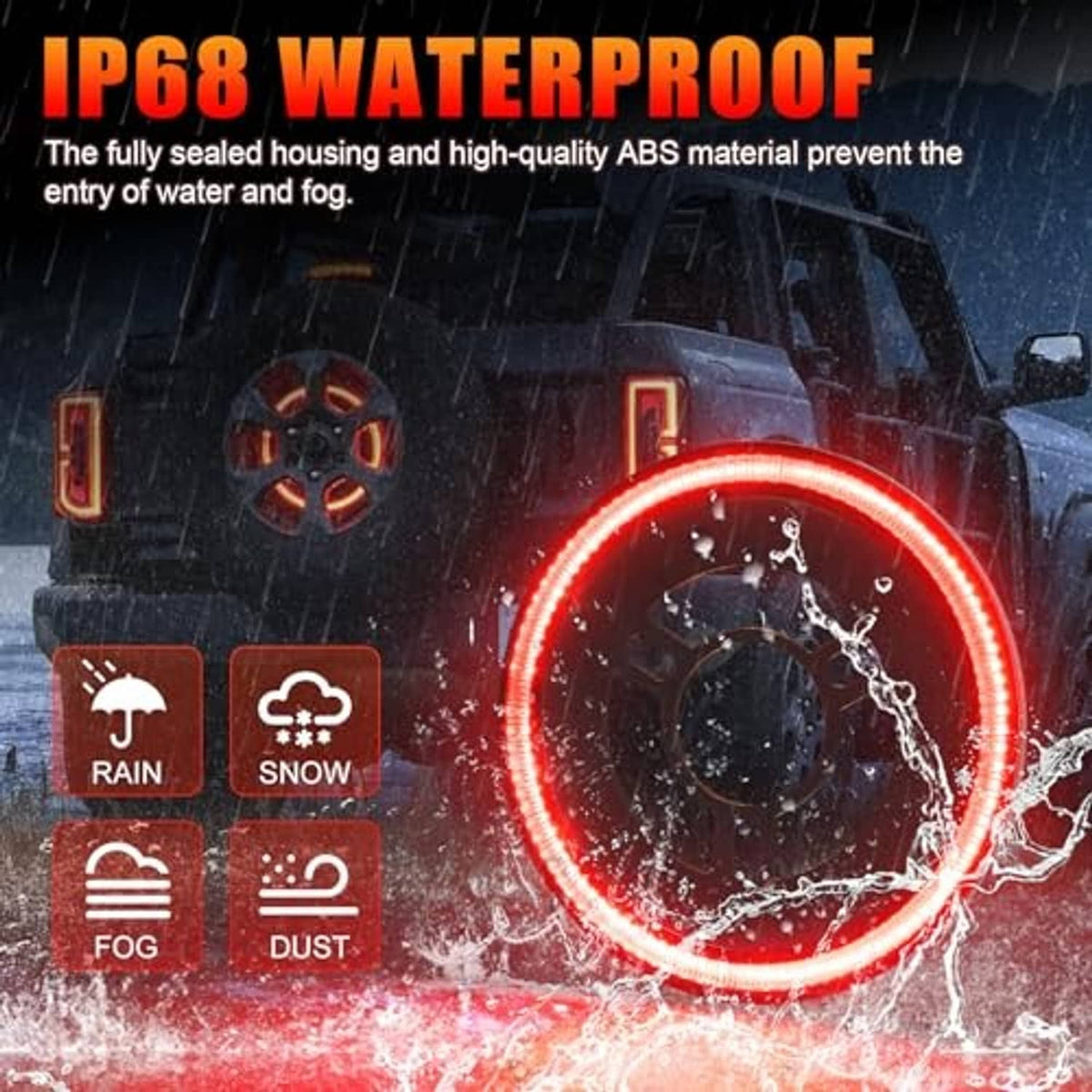 Spare tire brake light showing glowing red LED ring with visible water droplets