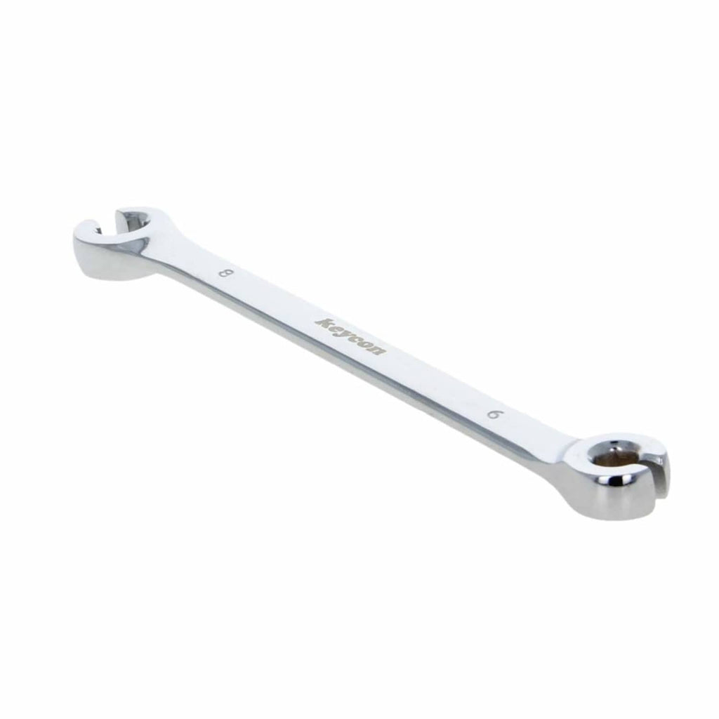 6mm flare-nut wrench with double open ends, chrome finish, 15-degree offset head.