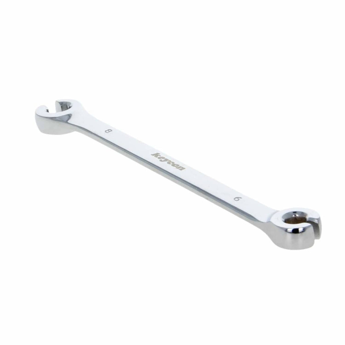 6mm flare-nut wrench with double open ends, chrome finish, 15-degree offset head.