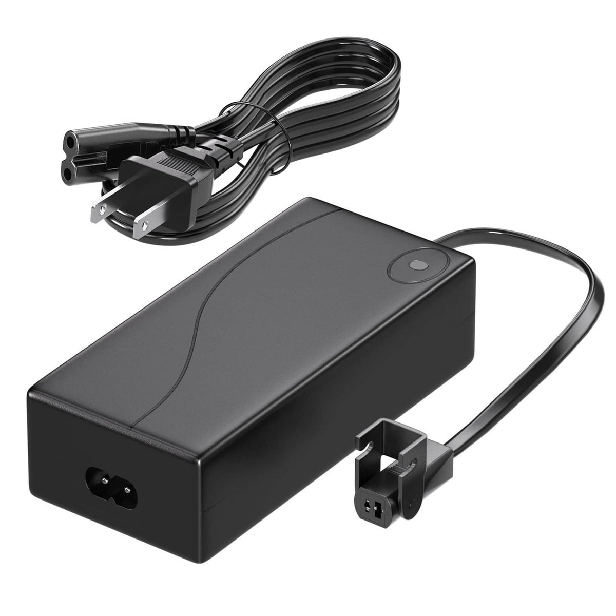 Black AC/DC power supply adapter with two-prong cable and DC connector