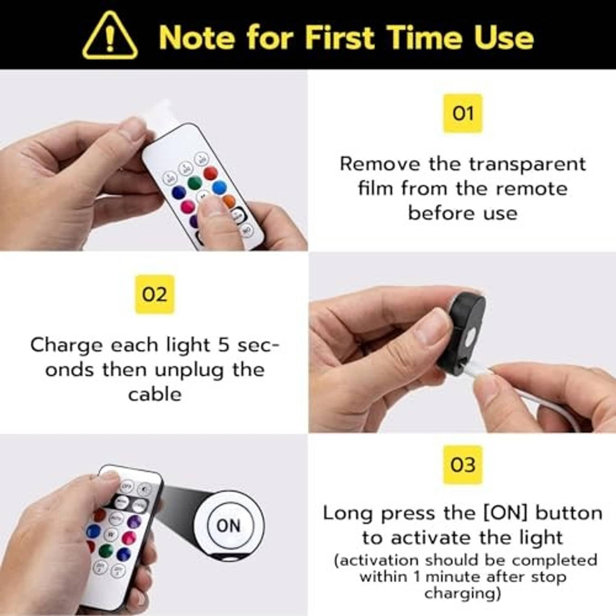 Steps for first use: remote control with colored buttons and a black magnetic light