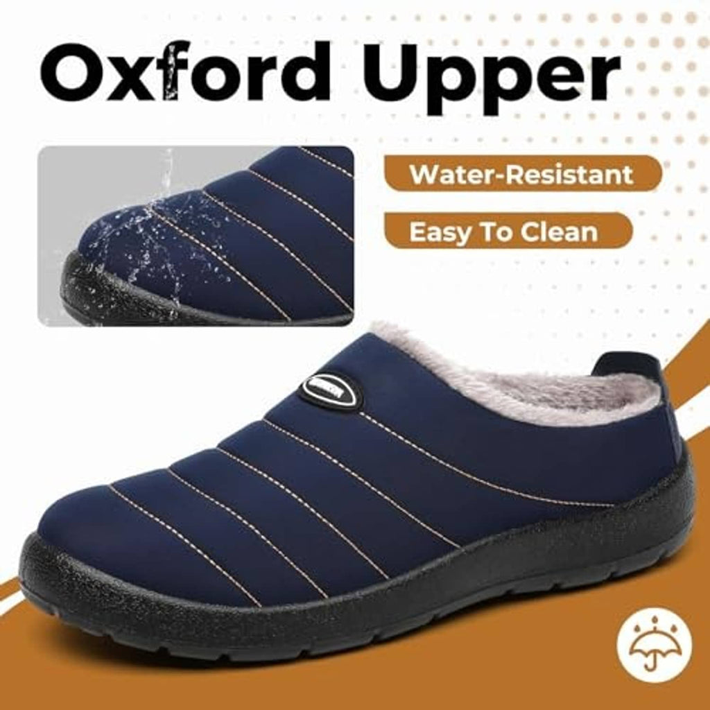 Dark blue slip-on house slippers with white faux-fur lining and stitched stripe panels
