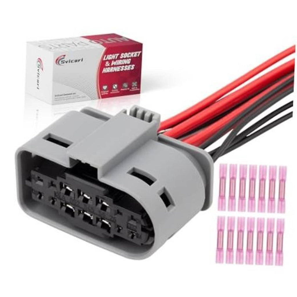 Grey headlight wiring harness plug connector with red and black 14-pin cable leads