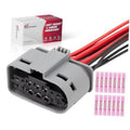 Grey headlight wiring harness plug connector with red and black 14-pin cable leads