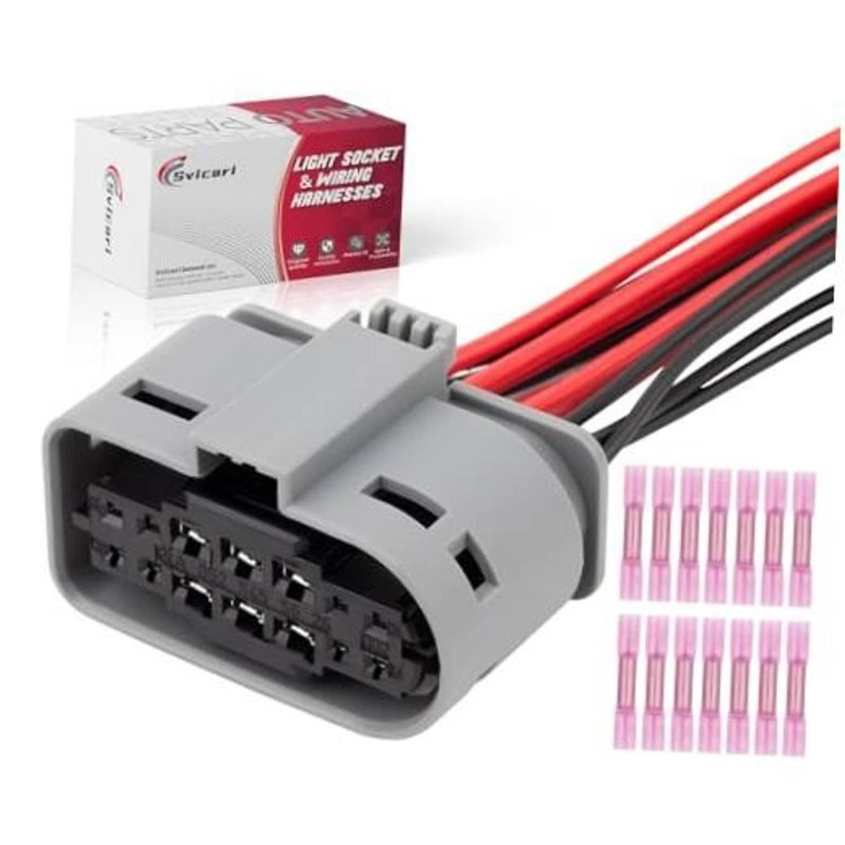 Grey headlight wiring harness plug connector with red and black 14-pin cable leads