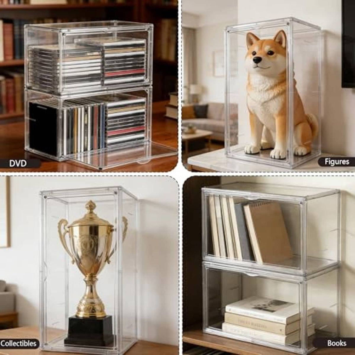 Clear stackable storage box with shelves, used to store DVDs, figures, and books.