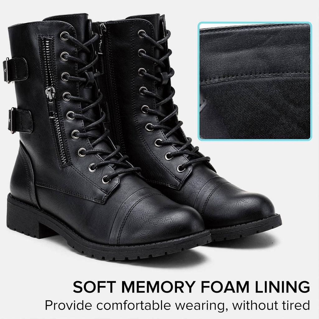 Black mid-calf lace-up combat boots with side zipper pocket and buckle strap