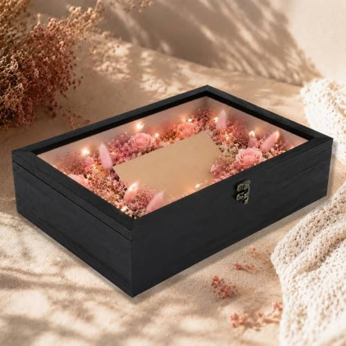 Black pine wood shadow box frame with warm LED lights and dried flowers inside