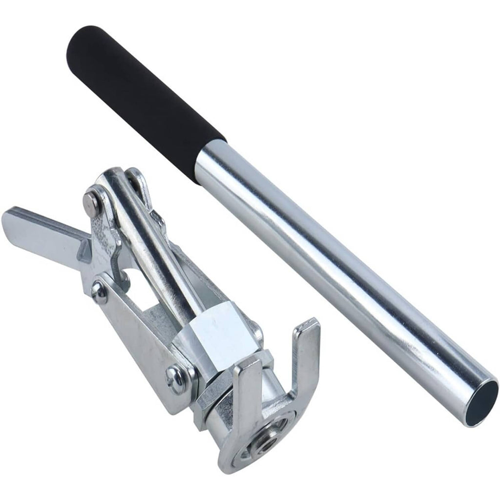 Valve spring compressor with silver bar, black grip, and forked mounting frame