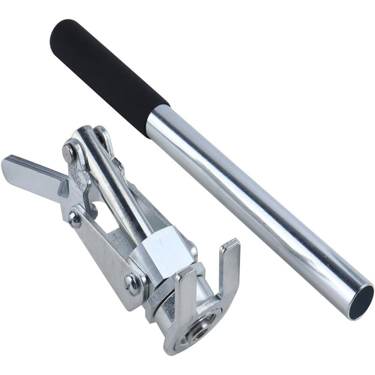 Valve spring compressor with silver bar, black grip, and forked mounting frame