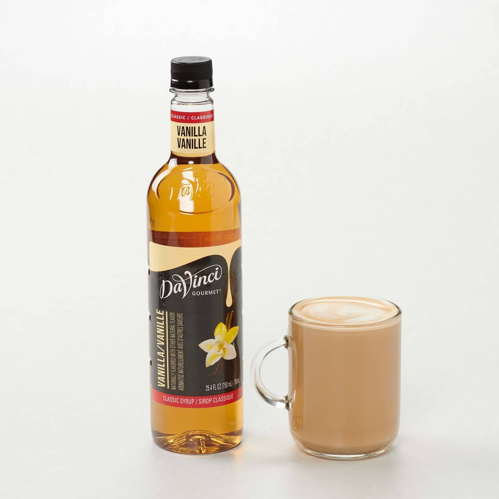 Vanilla syrup bottle with vanilla flower label, plus jar of amber syrup
