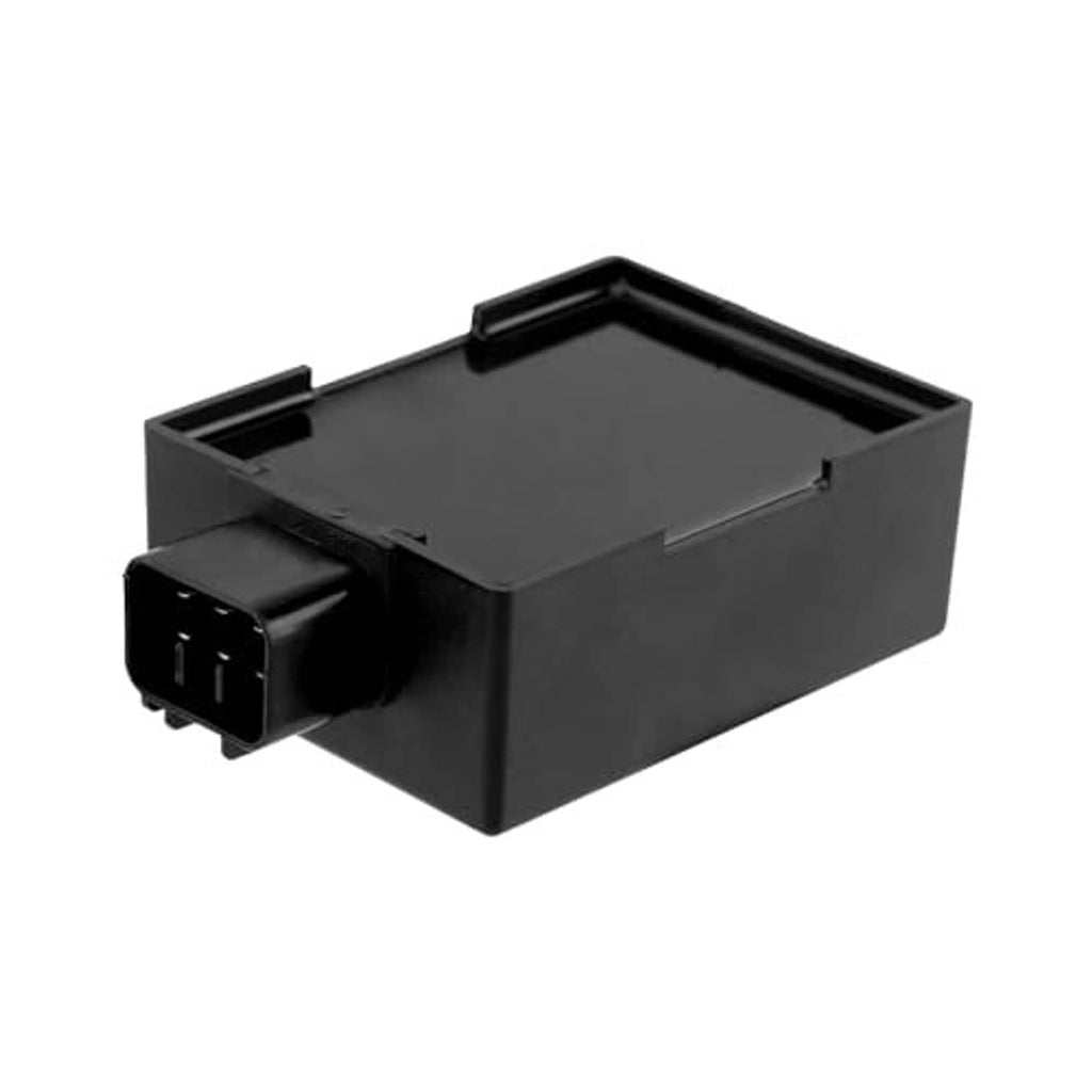 Black CDI ignition box module, front-left angle with electrical plug