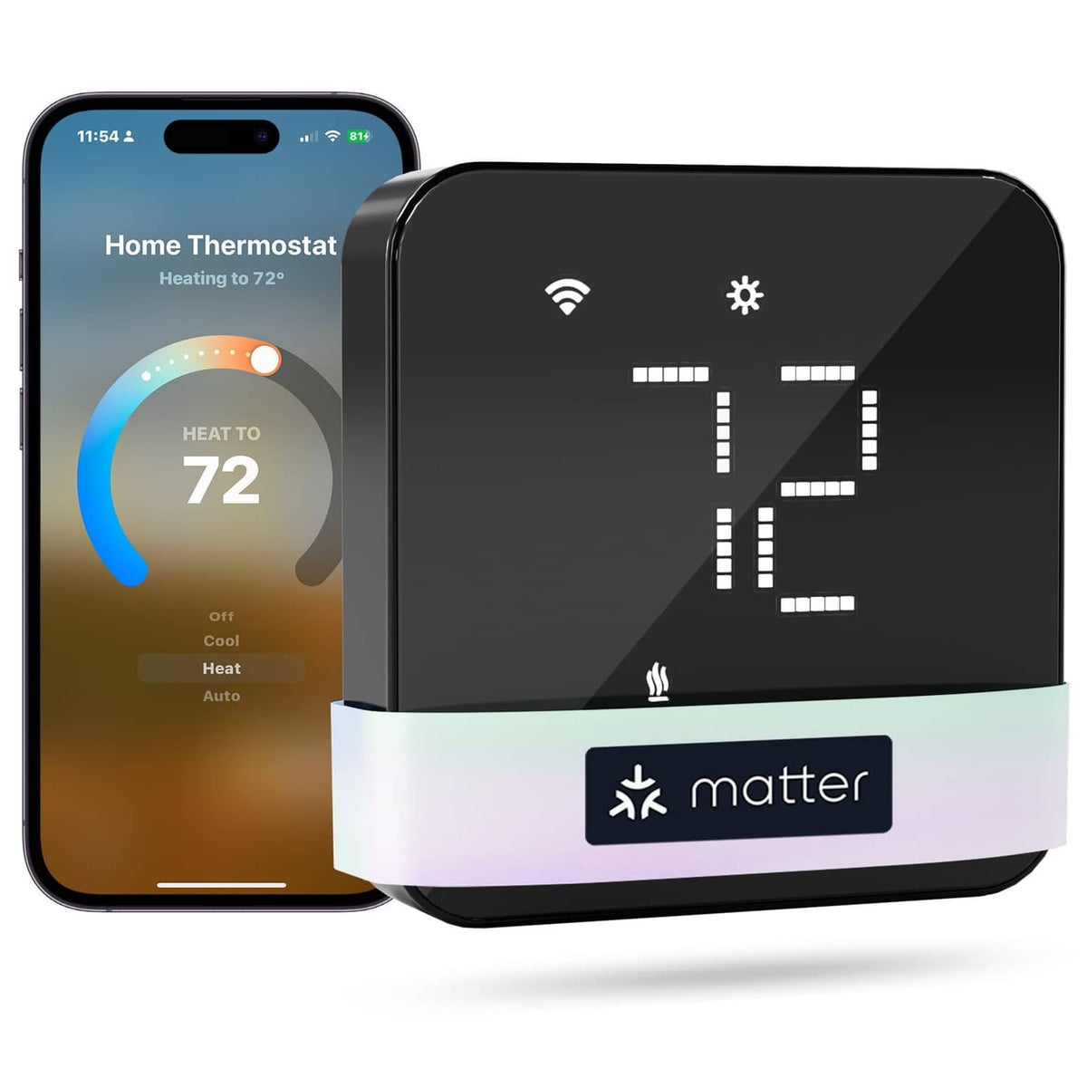 Black smart thermostat with digital display and Matter logo base