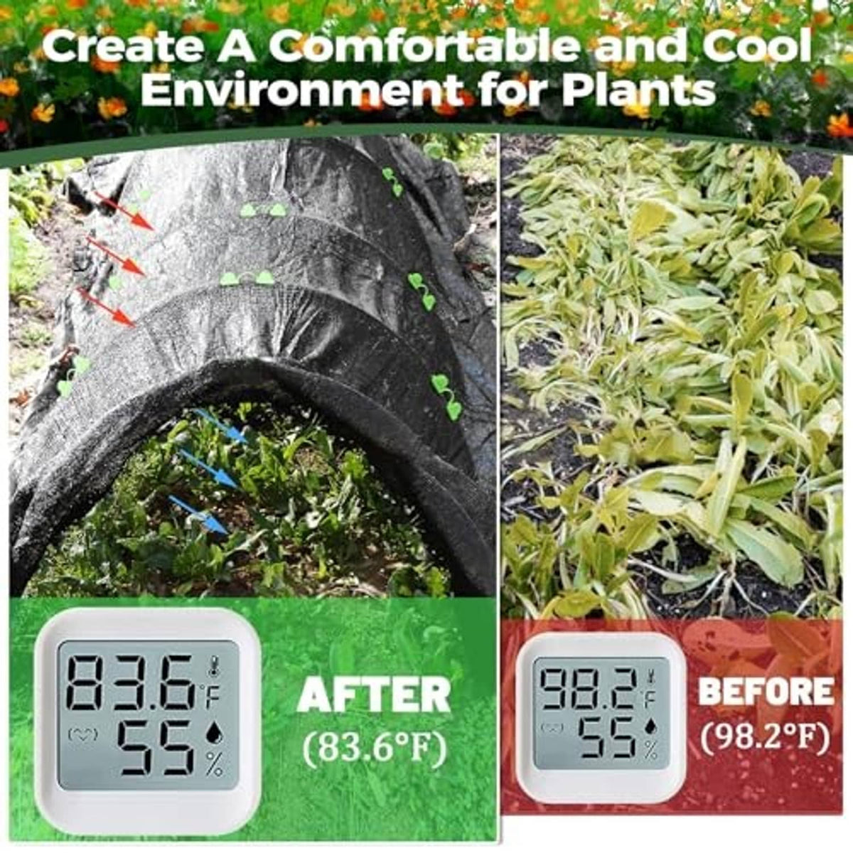HDPE shade cloth draped over plants, creating cooler sun-protected growing area