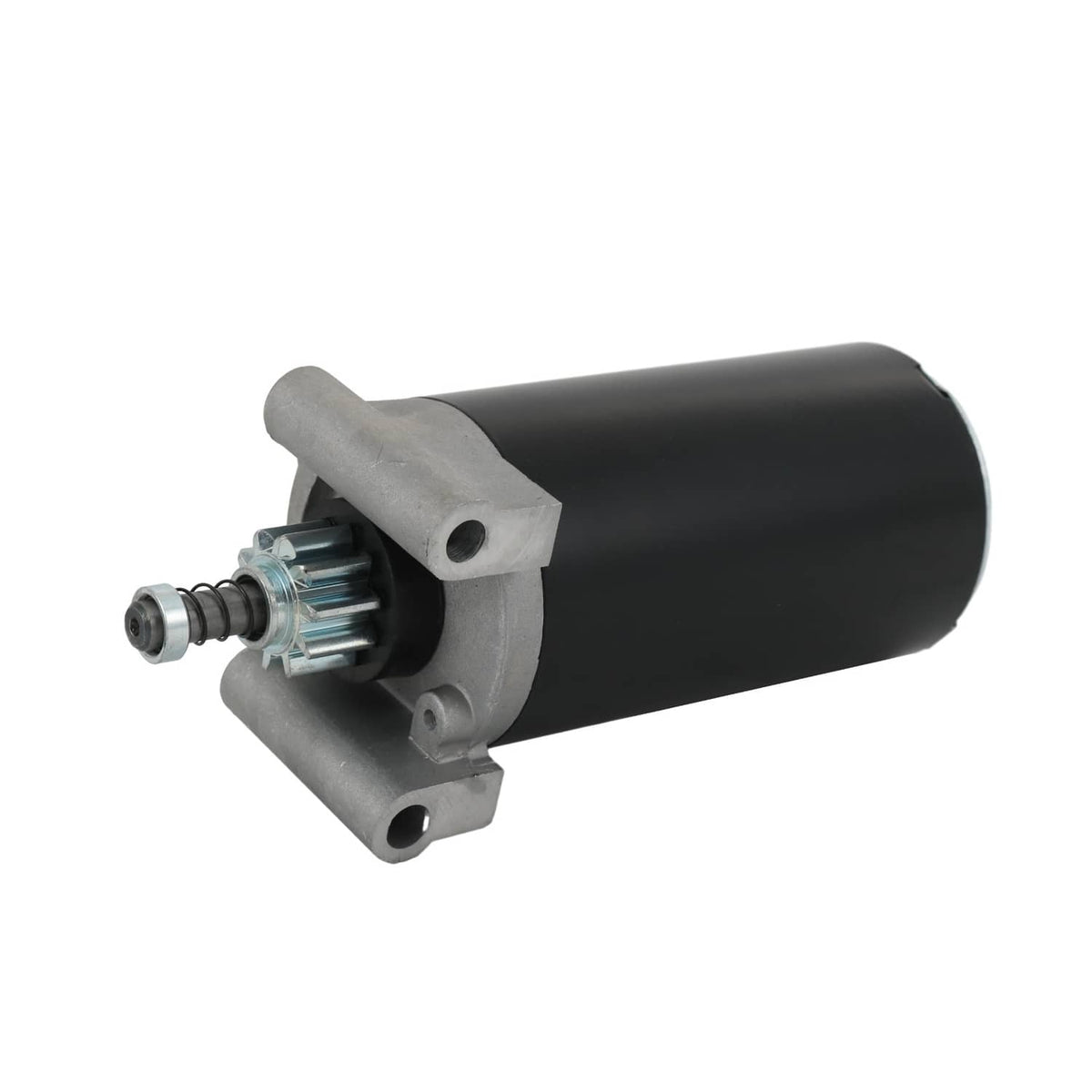 Electric starter motor with black cylinder housing and silver rear mounting ears