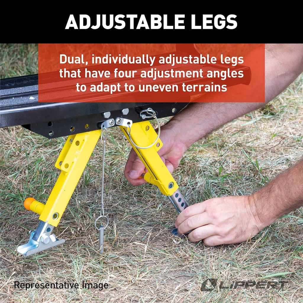 Adjustable RV step stabilizer legs in yellow with mounting feet being set