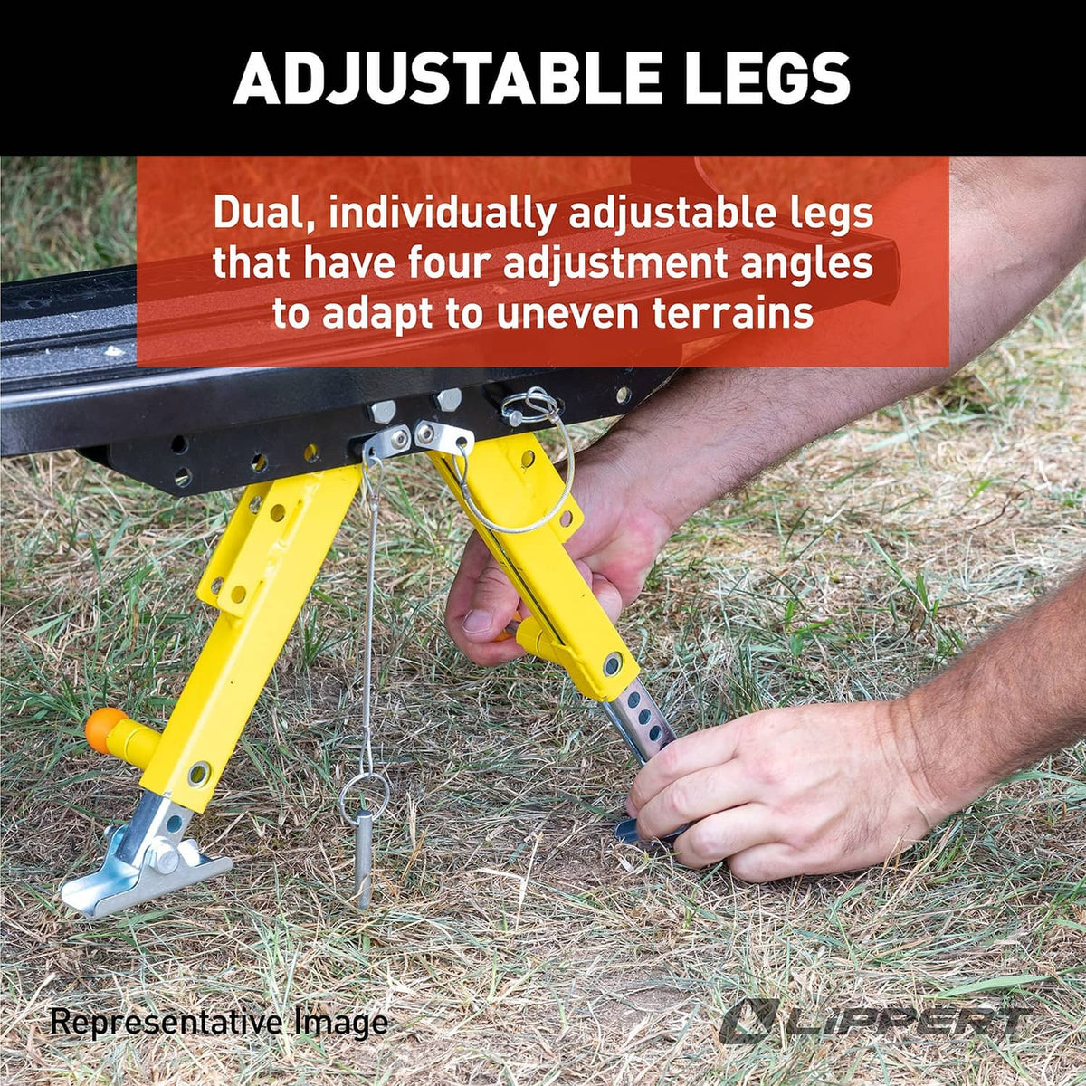 Adjustable RV step stabilizer legs in yellow with mounting feet being set