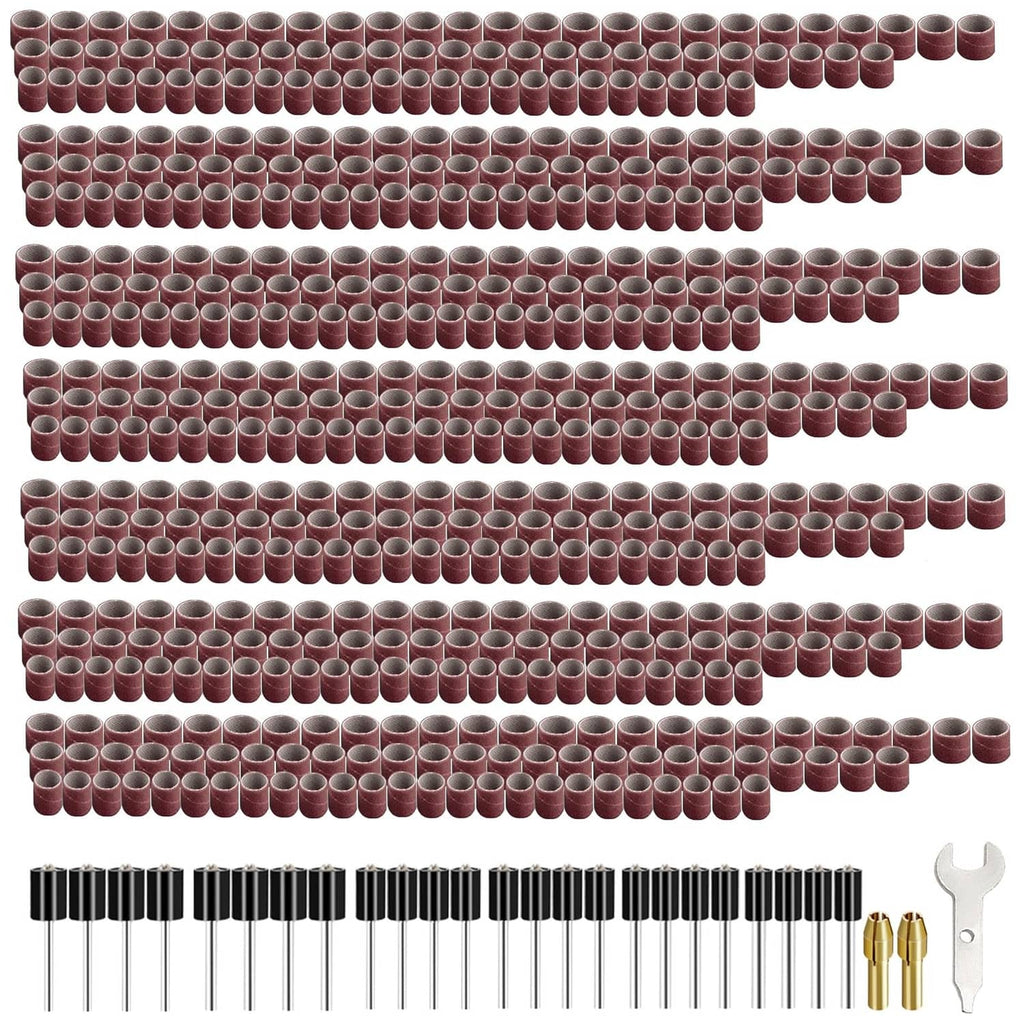 Aluminum oxide sanding drum set with maroon abrasive sleeves and metal mandrels