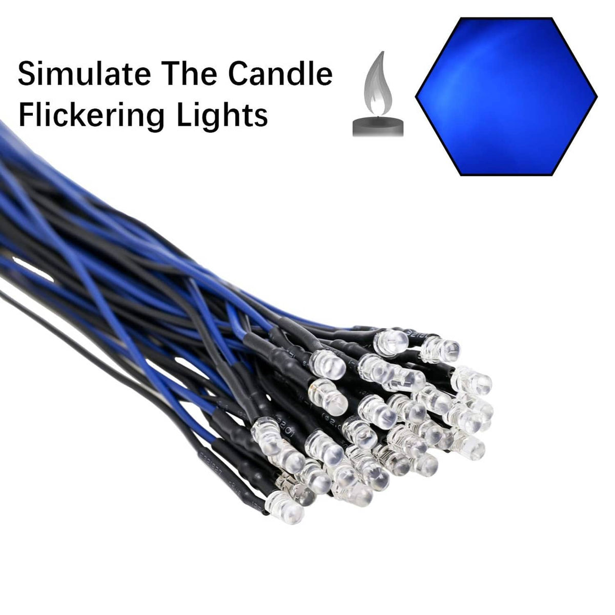 Blue 3mm flicker LED diode string with black wires and clear lens tips