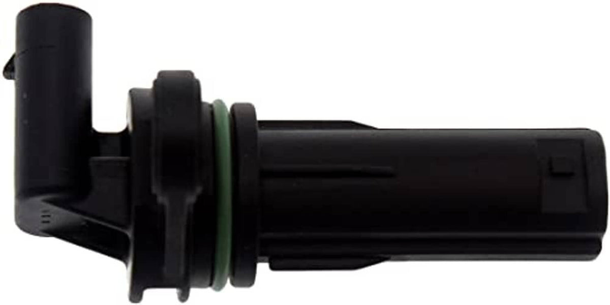 Black engine crankshaft position sensor with green seal ring, side view of sensor body