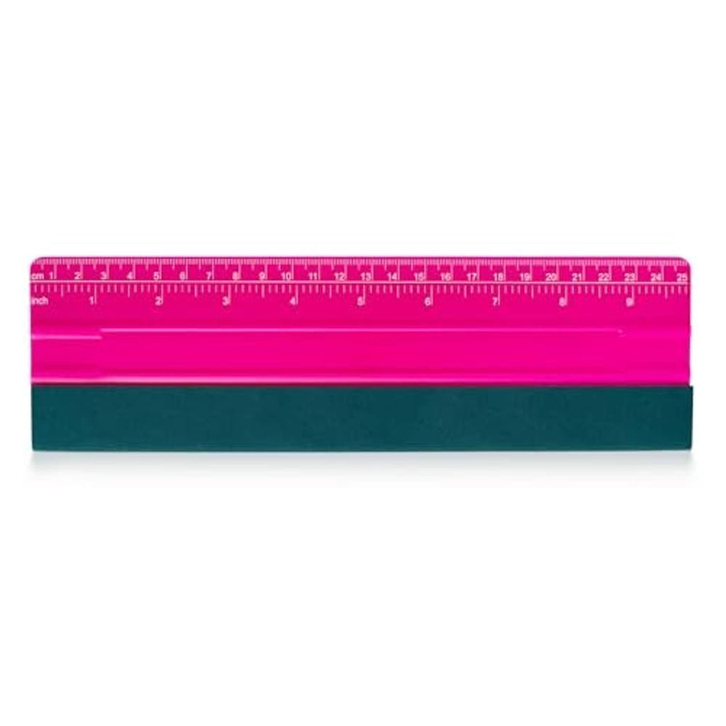 Pink squeegee blade with built-in measurement ruler and teal felt bottom edge