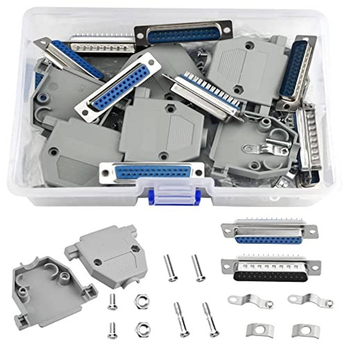DB25 D-sub solder connector set with grey housing, blue pin sockets and metal brackets
