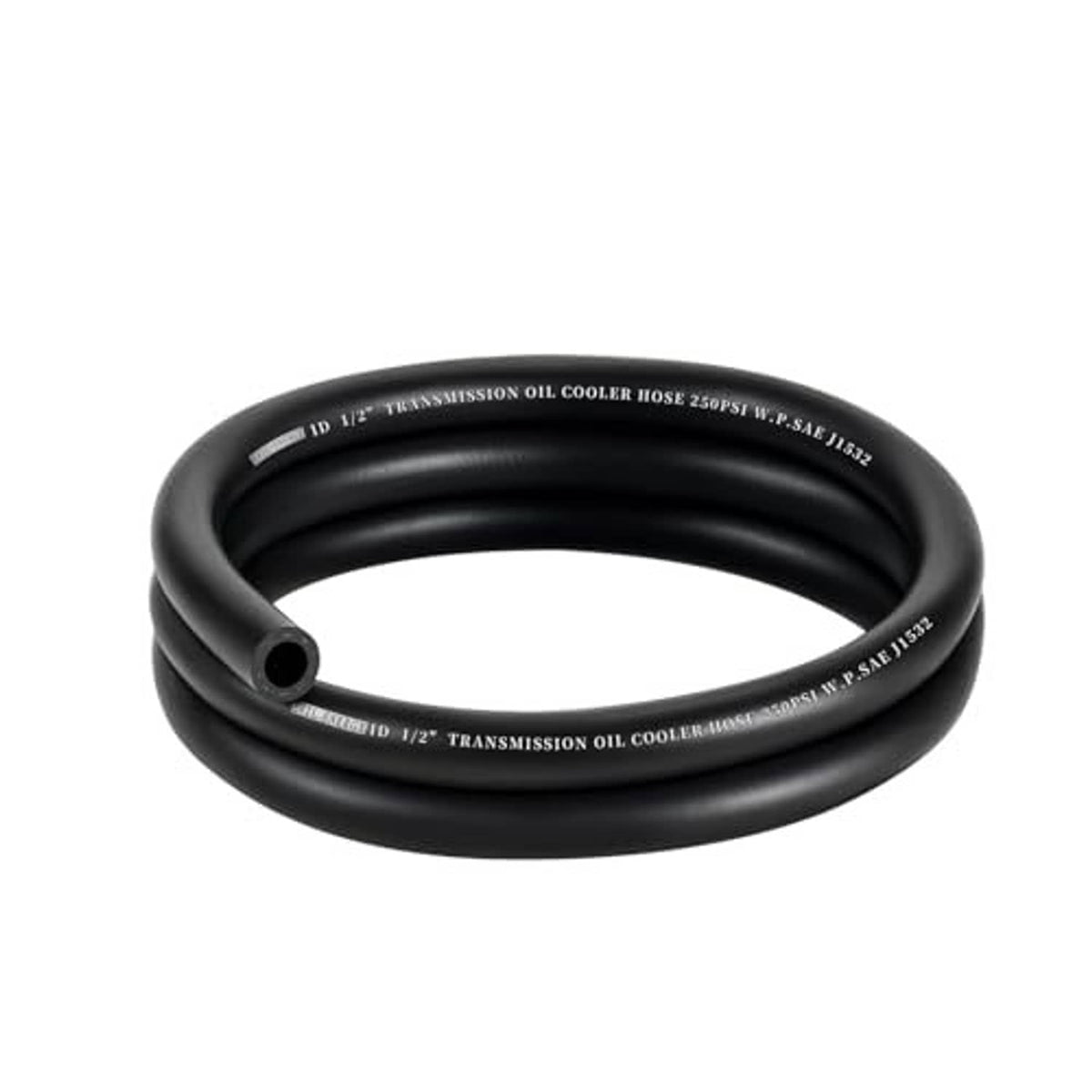 Black transmission oil cooler hose loop with open port end and printed spec text