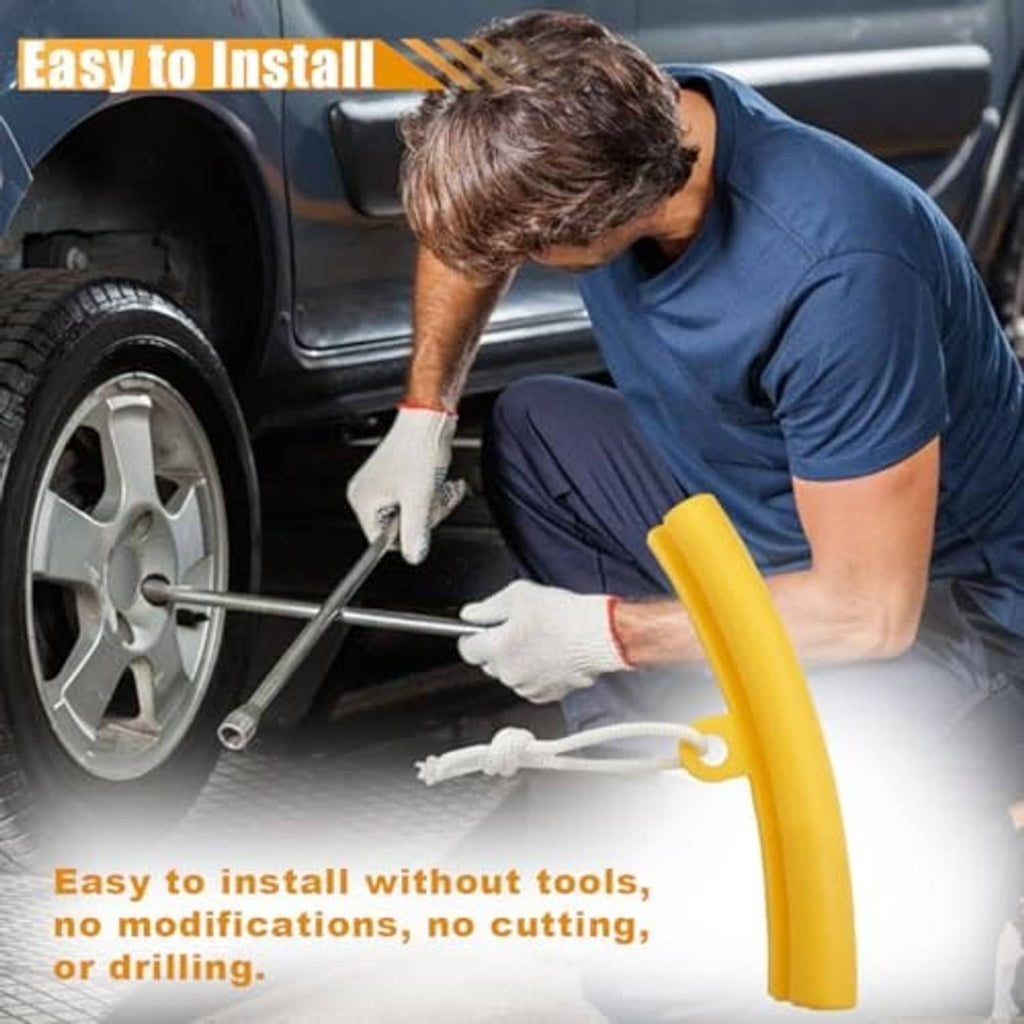 Yellow tire rim protector edge saver with cord, helping prevent rim damage