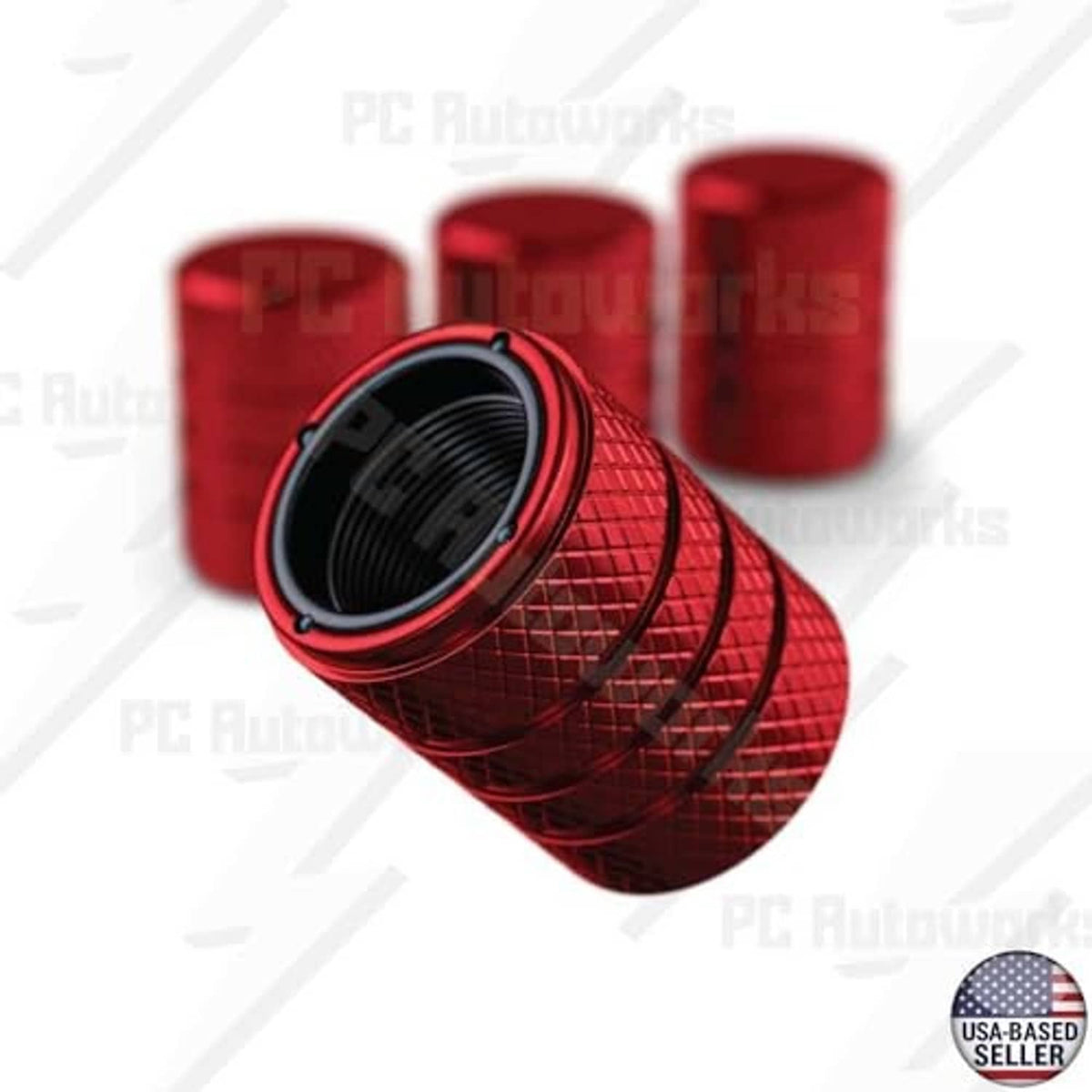 Ruby red tire valve stem caps, textured finish with open valve port