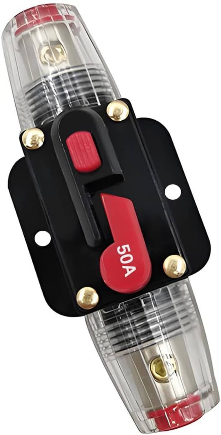 Inline resettable circuit breaker with clear cylinder, black plate, red 50A marking