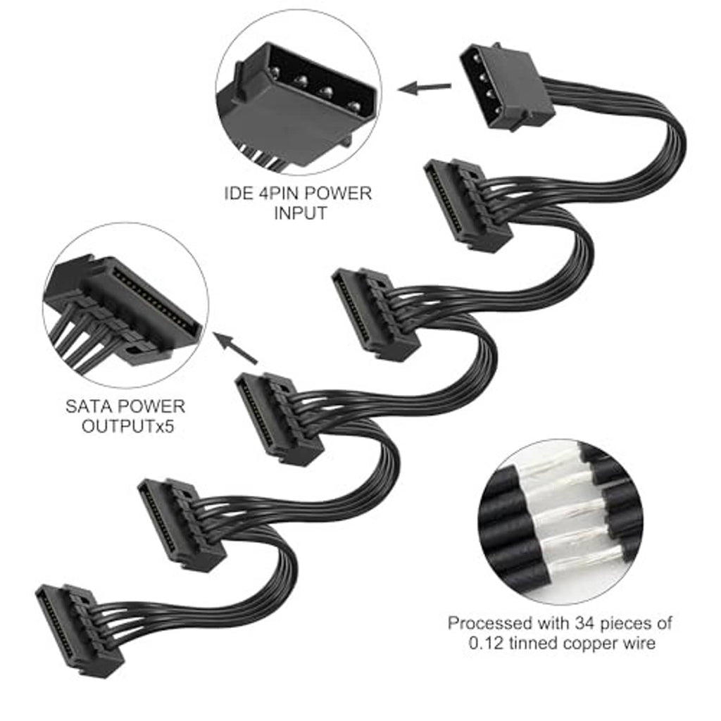 IDE 4-pin power input with 5 SATA power output connectors and cable bundle