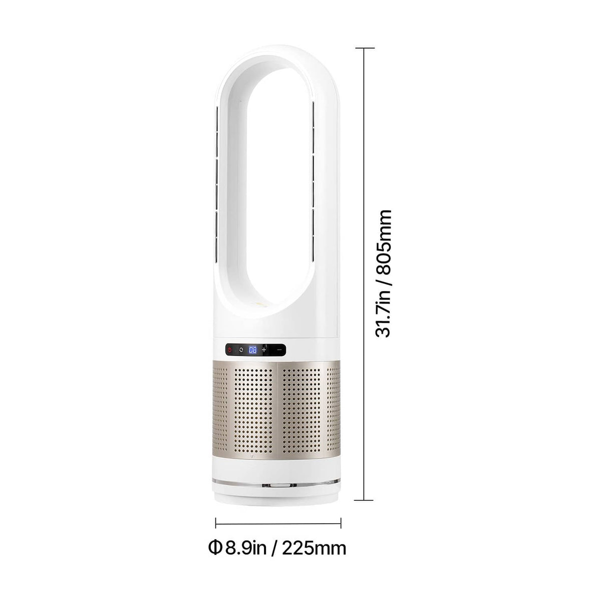 White bladeless tower fan air purifier front view with height and diameter markings