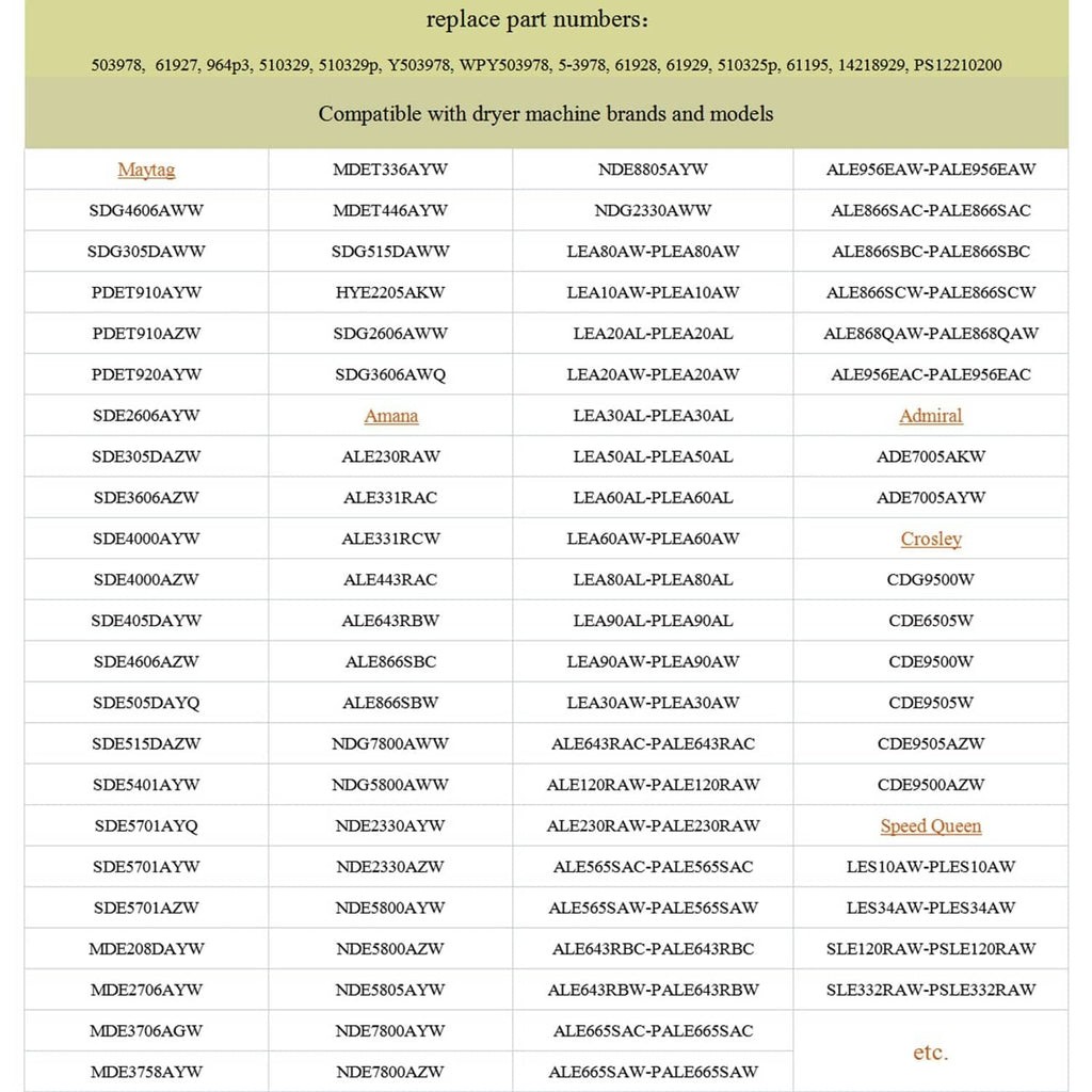 Dryer heating element compatibility list on a printed reference chart