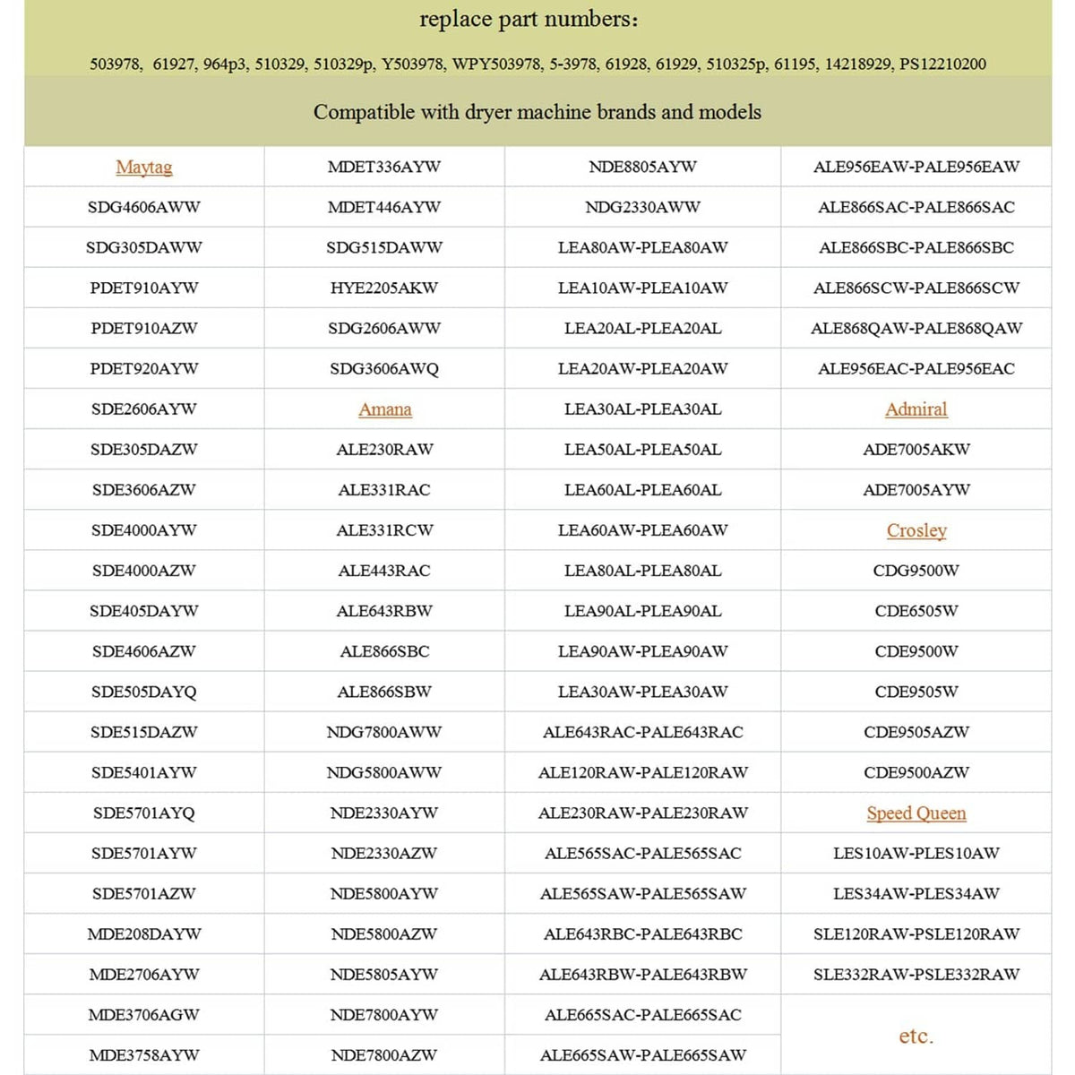 Dryer heating element compatibility list on a printed reference chart