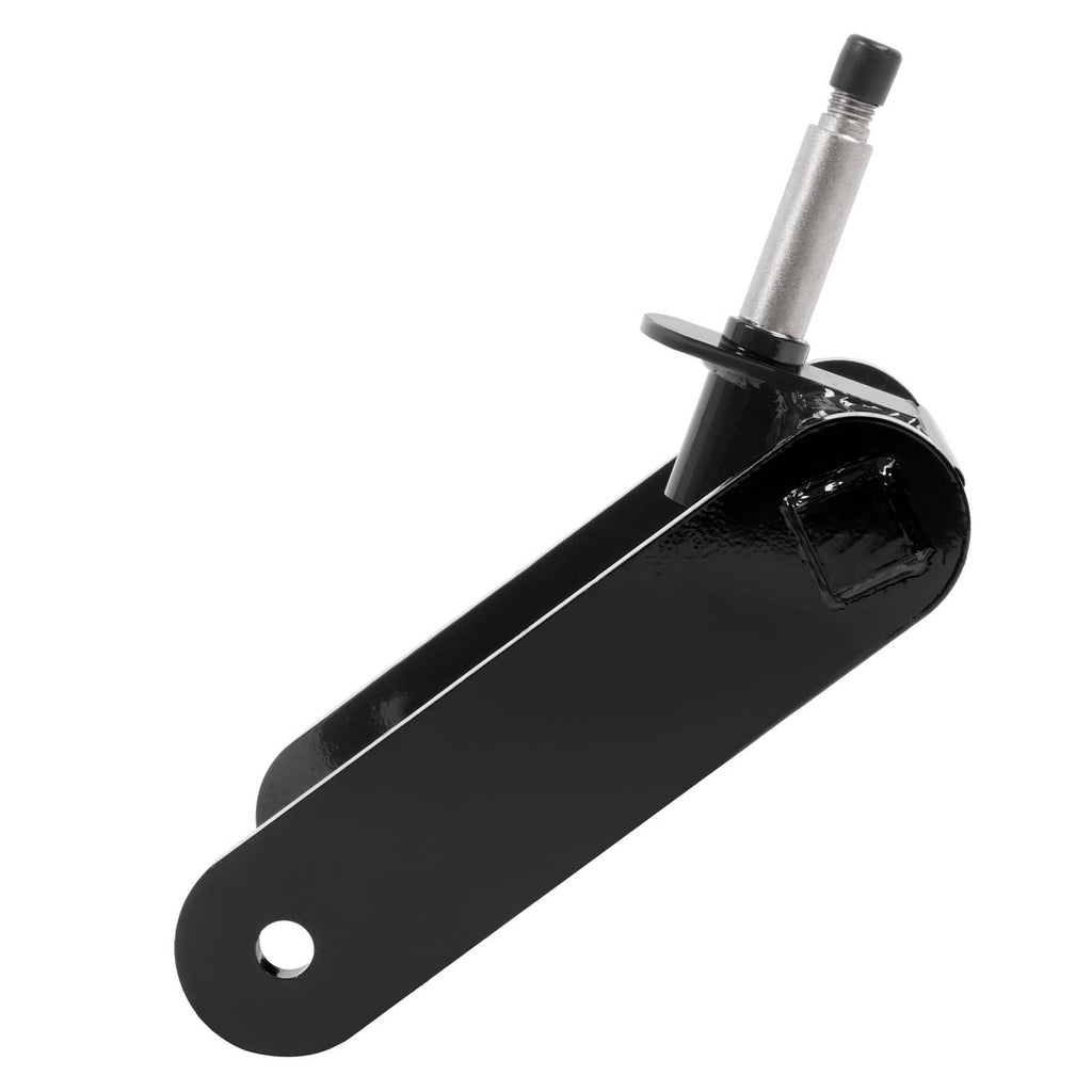 Black mower fork mount bracket with rounded base plate and silver axle