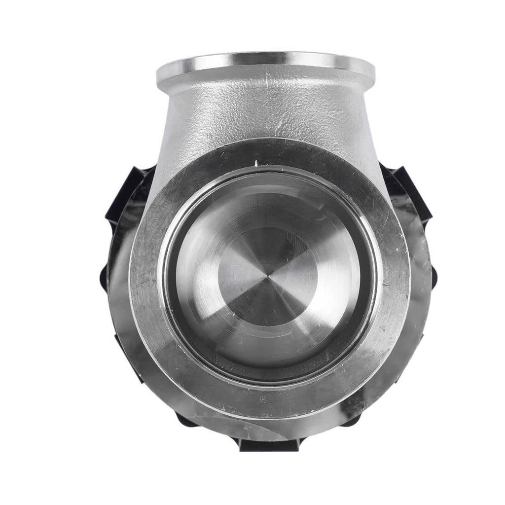 External turbo wastegate valve housing with silver inlet opening and black surrounding parts