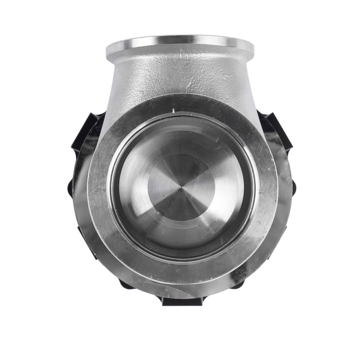 External turbo wastegate valve housing with silver inlet opening and black surrounding parts