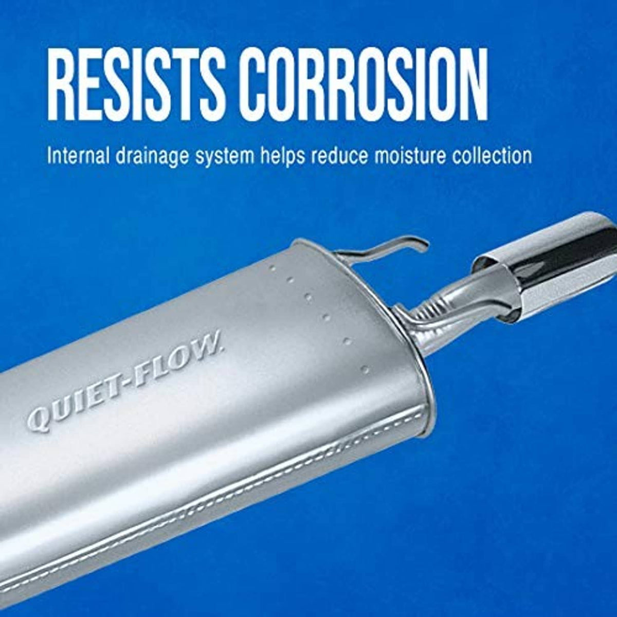 Stainless steel muffler with embossed Quiet-Flow logo and end cap with hanger.