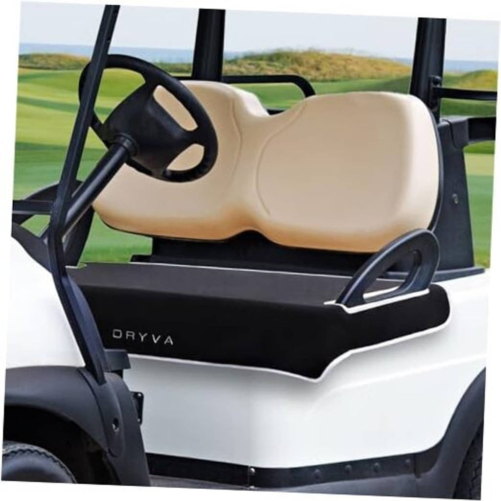 Waterproof golf cart seat cover with beige cushion and black base, snug seat fit