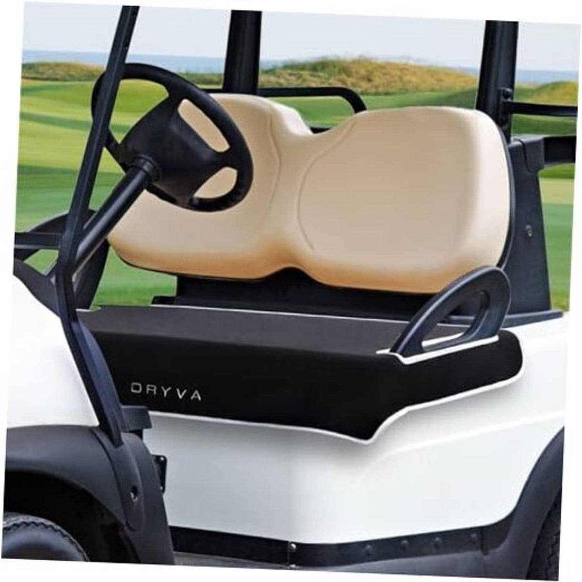 Waterproof golf cart seat cover with beige cushion and black base, snug seat fit