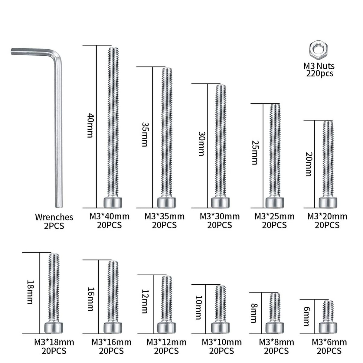 Set of silver M3 hex socket screws with hex nuts and wrenches, labeled lengths