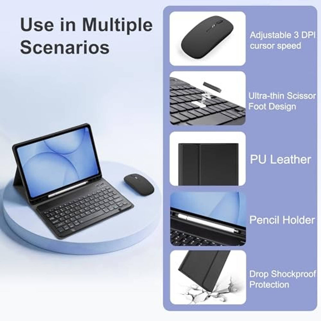 Feature graphic showing keyboard case, wireless mouse, and PU leather design